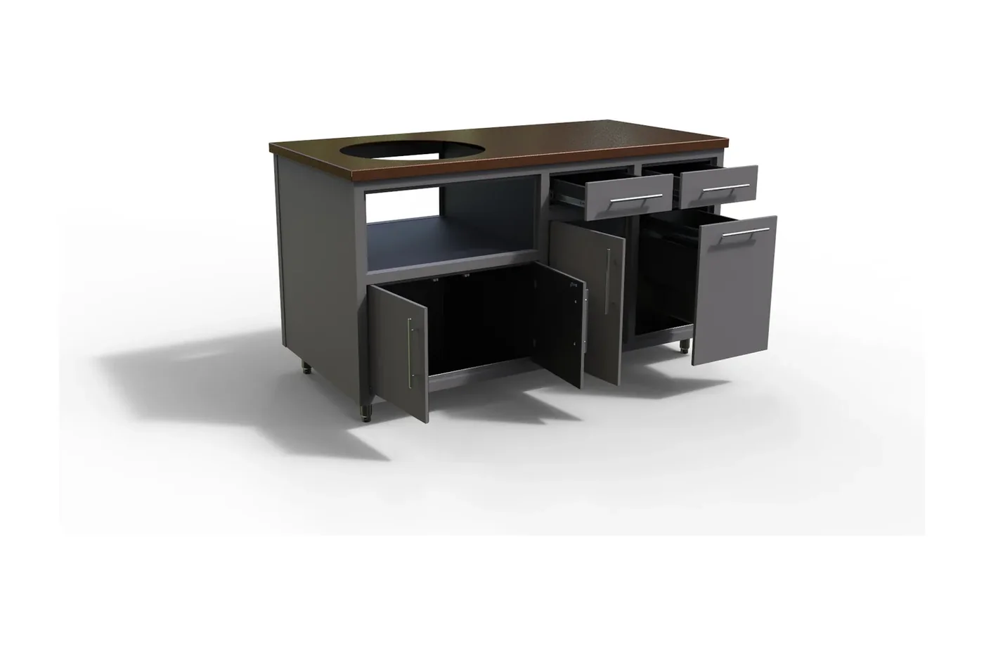 Challenger Coastal outdoor kitchen island, 64″W x 36.25″H x 31″D with doors and drawers open