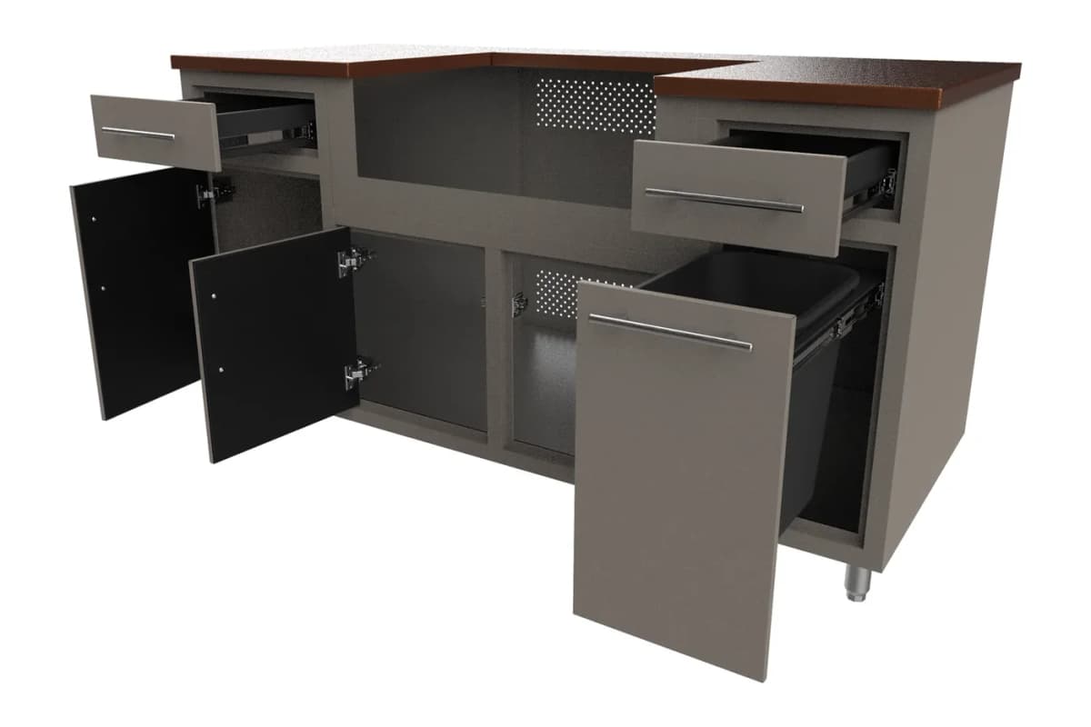 Challenger Coastal outdoor kitchen island, 67.25″W x 36.25″H x 25″D with doors and drawers open