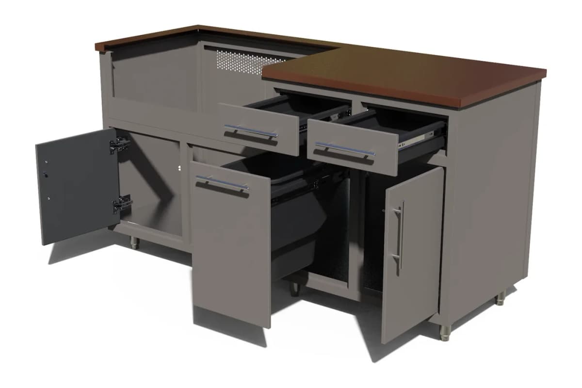 Challenger Coastal outdoor kitchen island, 67.25″W x 36.25″H x 25″D with doors and drawers open