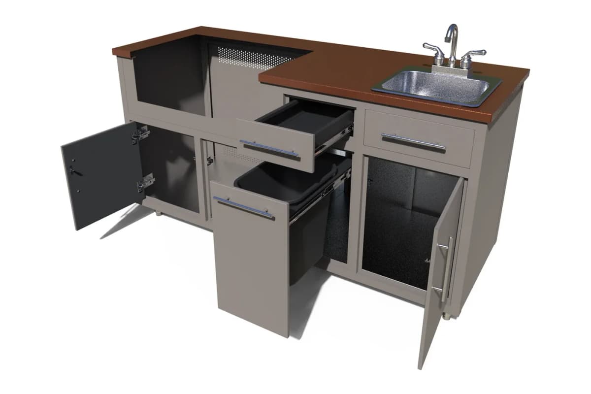 Challenger Coastal outdoor kitchen island, 67.25″W x 36.25″H x 25″D with doors and drawers open