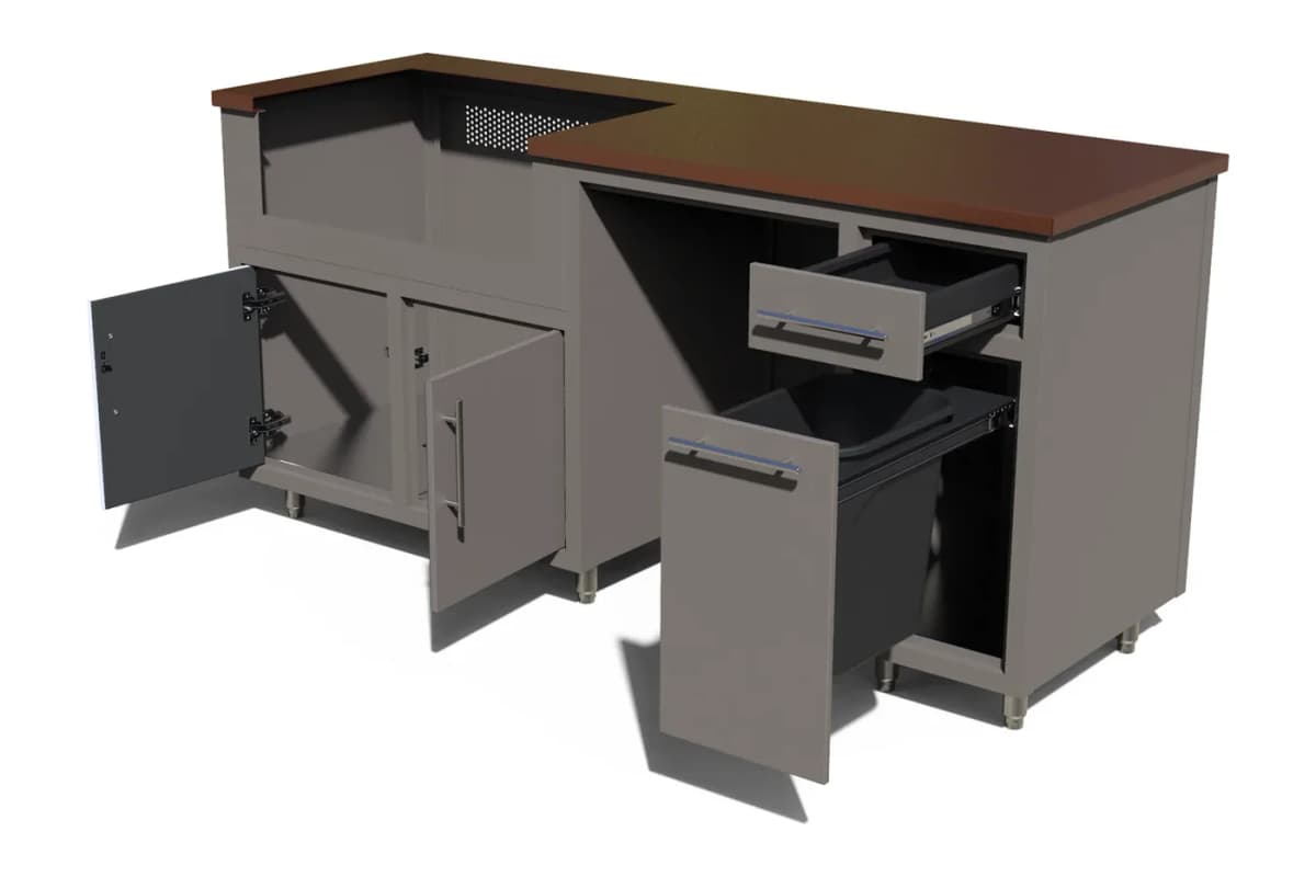Challenger Coastal outdoor kitchen island, 73.5″W x 36.25″H x 25″D with doors and drawers open