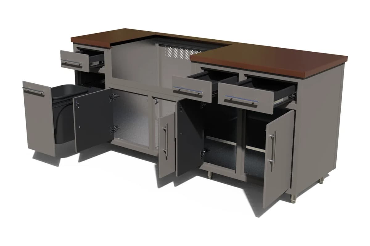 Challenger Coastal outdoor kitchen island, 80.875″W x 36.25″H x 25″D with doors and drawers open