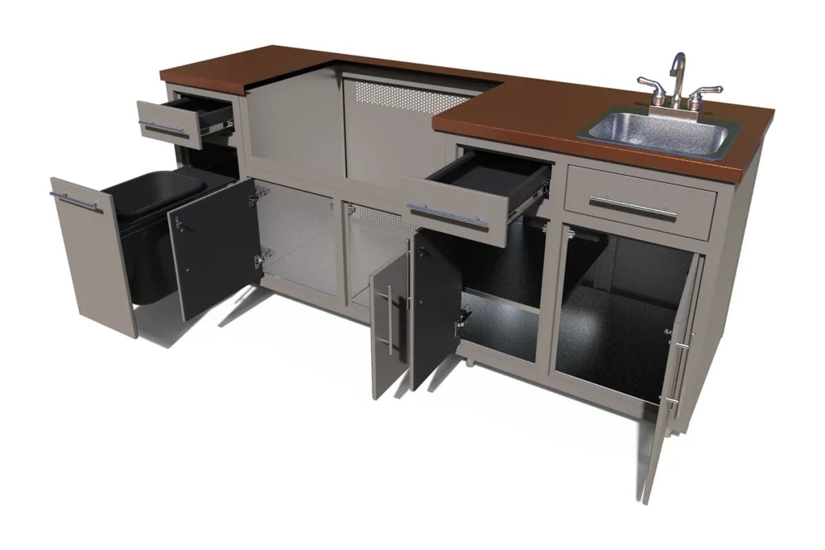 Challenger Coastal outdoor kitchen island, 80.875″W x 36.25″H x 25″D with doors and drawers open