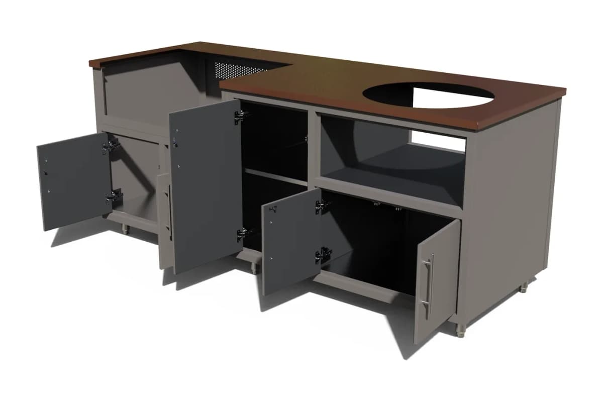Challenger Coastal outdoor kitchen island, 83″W x 36.25″H x 31″D with doors and drawers open