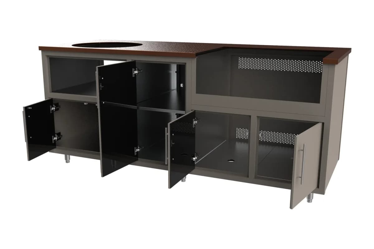 Challenger Coastal outdoor kitchen island, 83″W x 36.25″H x 31″D with doors and drawers open
