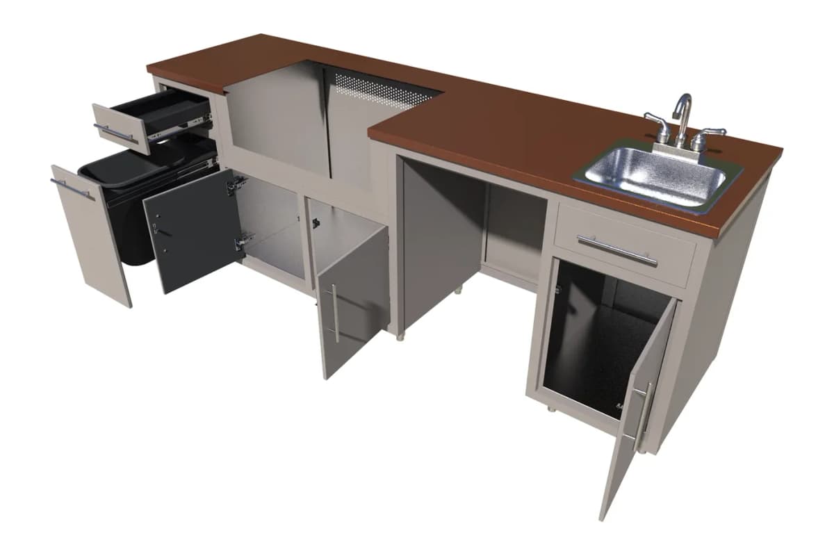 Challenger Coastal outdoor kitchen island, 90.125″W x 36.25″H x 25″D with doors and drawers open