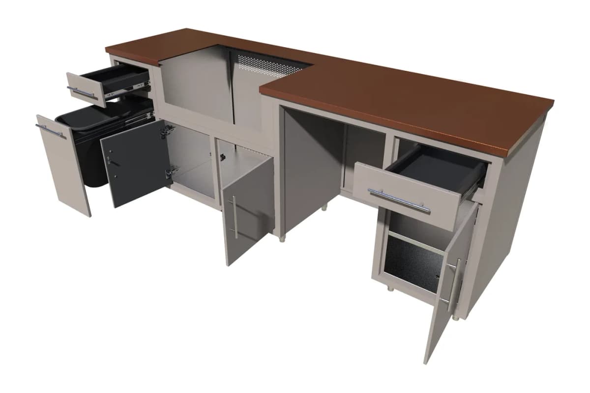 Challenger Coastal outdoor kitchen island, 93.125″W x 36.25″H x 25″D with doors and drawers open