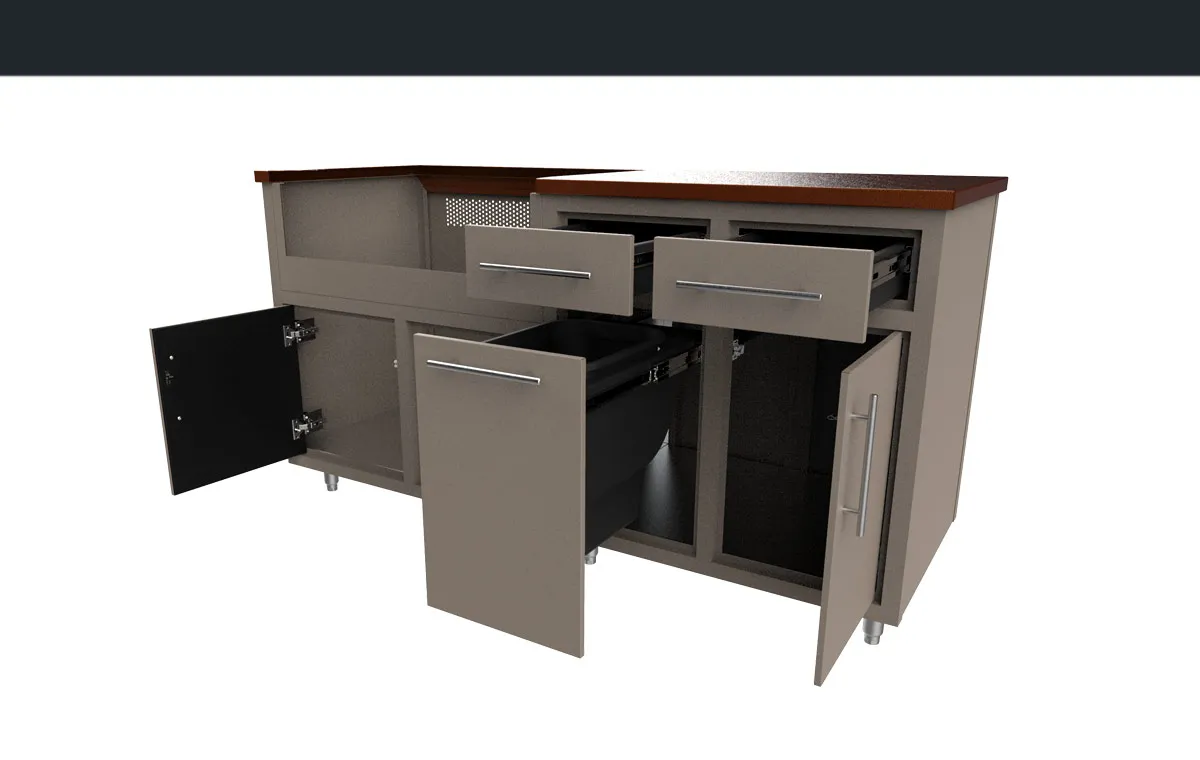 Challenger Coastal island 67.25″W x 36.25″H x 25″D with doors and drawers open