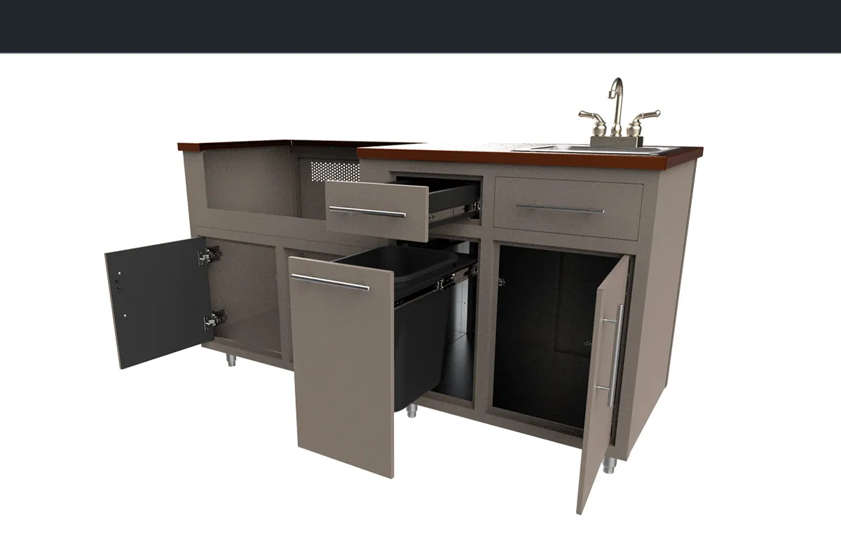 Challenger Coastal island 67.25″W x 36.25″H x 25″D with doors and drawers open