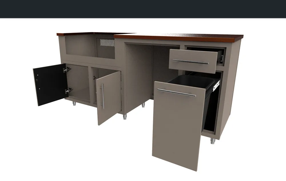 Challenger Coastal island 73.5″W x 36.25″H x 25″D with doors and drawers open