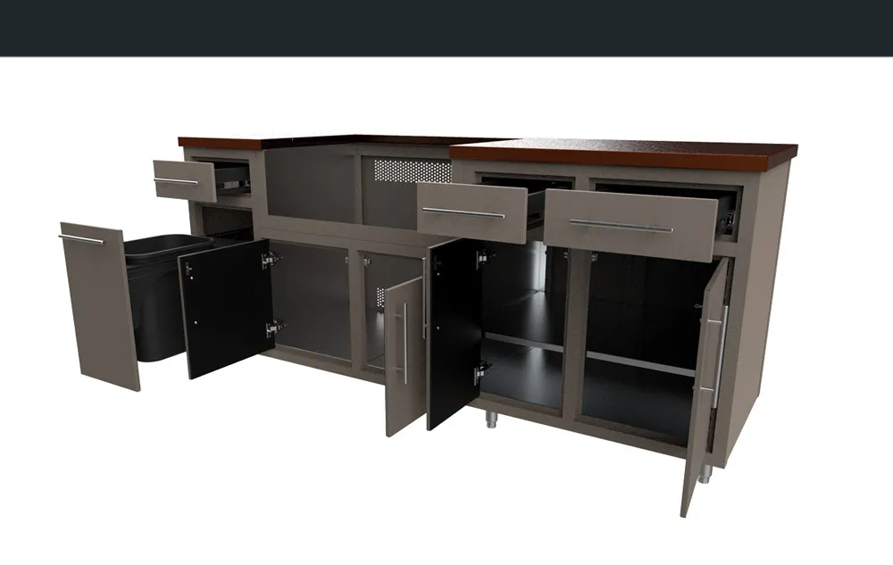 Challenger Coastal island 80.875″W x 36.25″H x 25″D with doors and drawers open