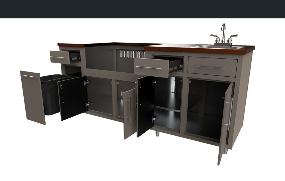 Challenger Coastal island 80.875″W x 36.25″H x 25″D with doors and drawers open