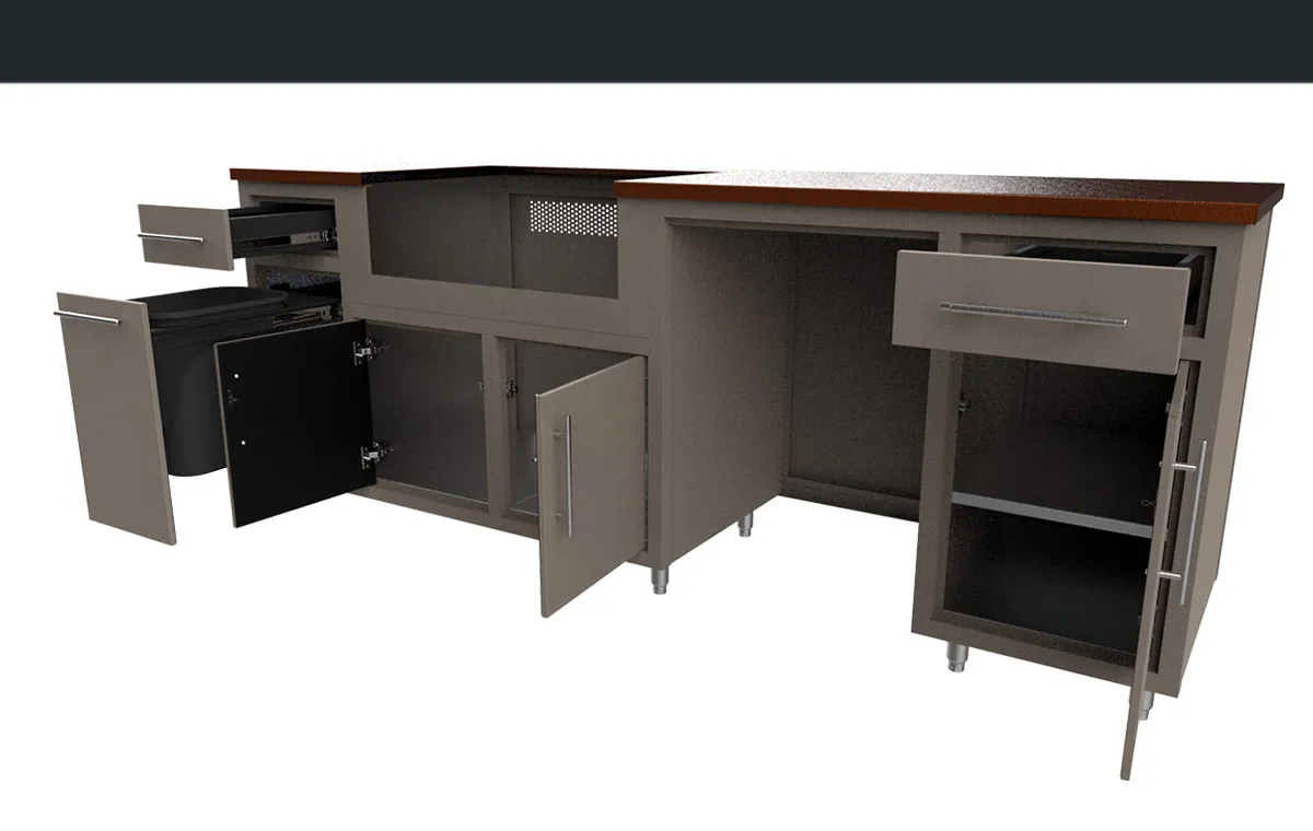Challenger Coastal island 90.125″W x 36.25″H x 25″D with doors and drawers open