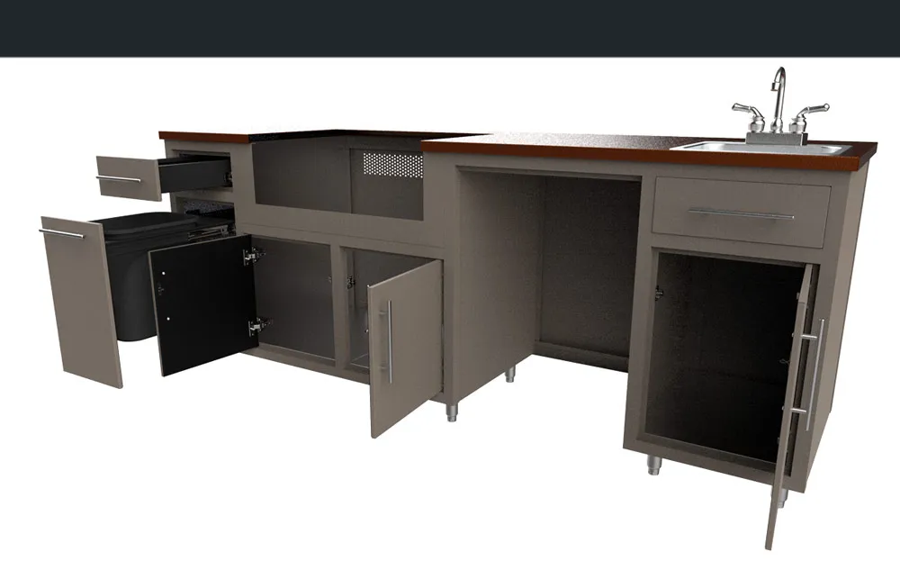Challenger Coastal island 90.125″W x 36.25″H x 25″D with doors and drawers open
